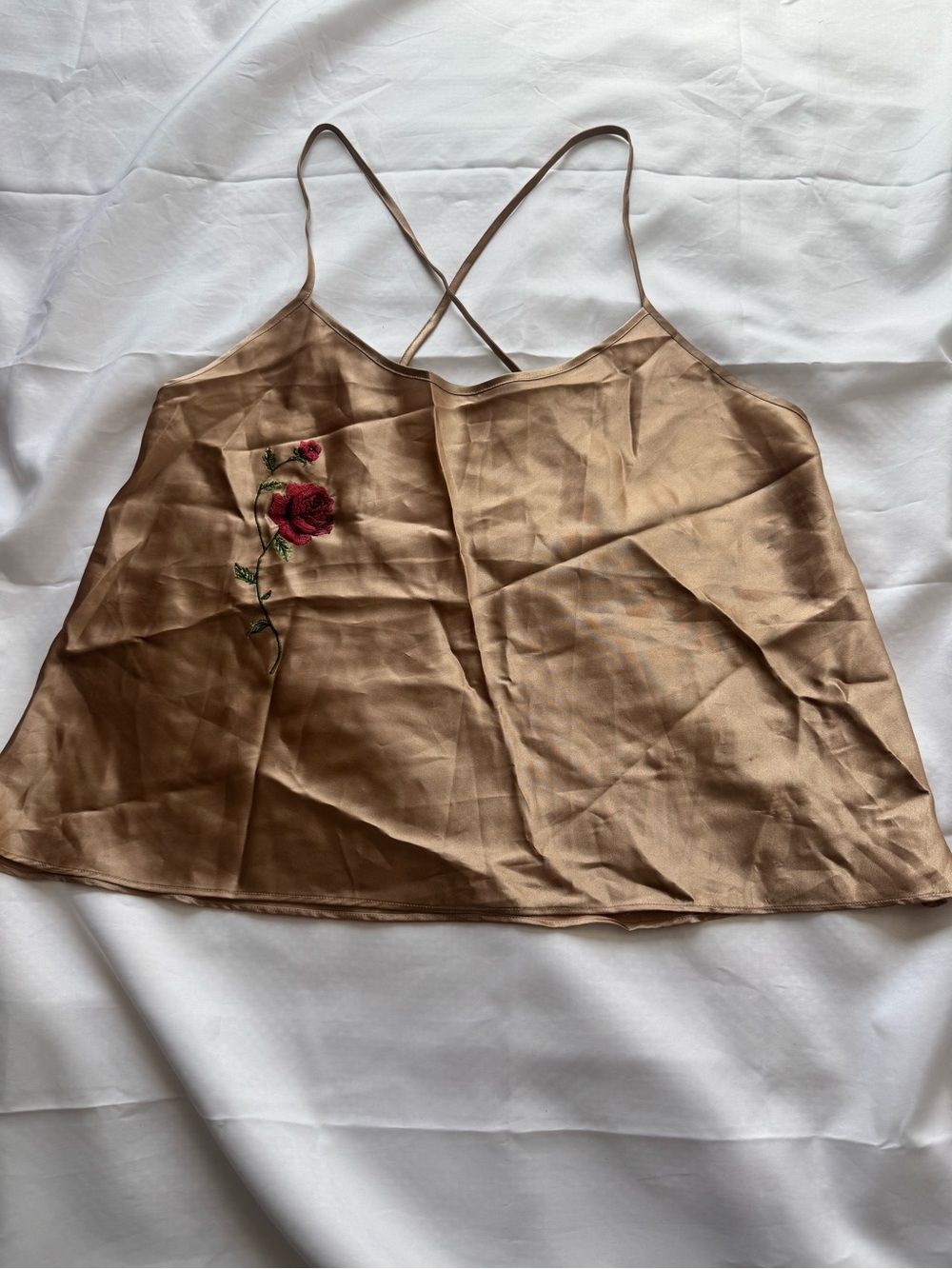 Embroidered Rose Satin Cami in Light Brown